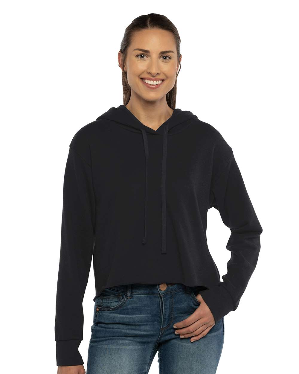 Next Level 9384 — Women's Laguna Sueded Raw Edge Crop Hoodie Sweatshirt — Black