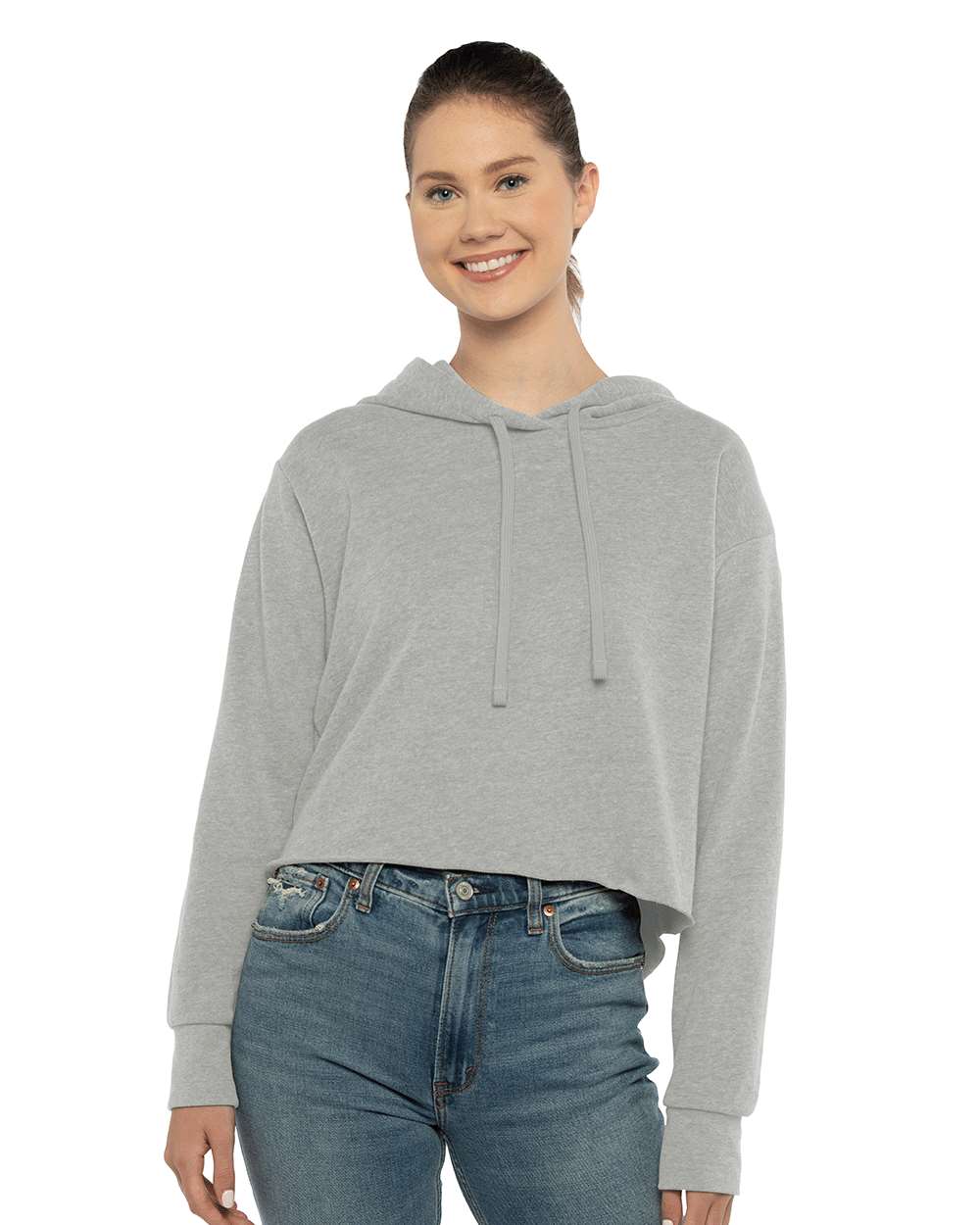 Next Level 9384 — Women's Laguna Sueded Raw Edge Crop Hoodie Sweatshirt — Heather Grey