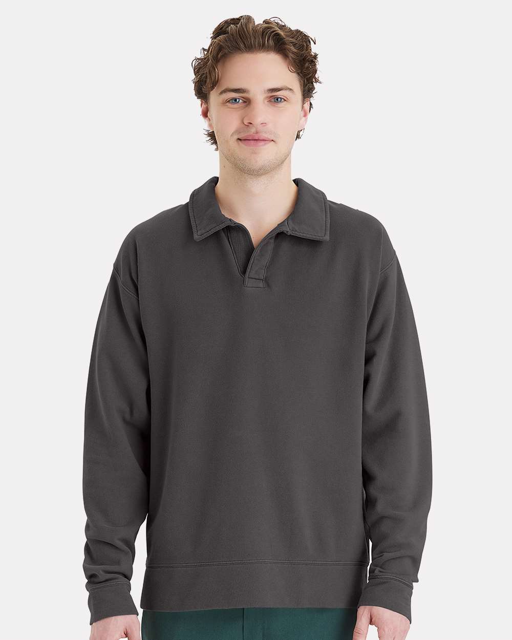 ComfortWash by Hanes GDH490 - Unisex Garment-Dyed Polo Collar Sweatshirt — New Railroad Grey