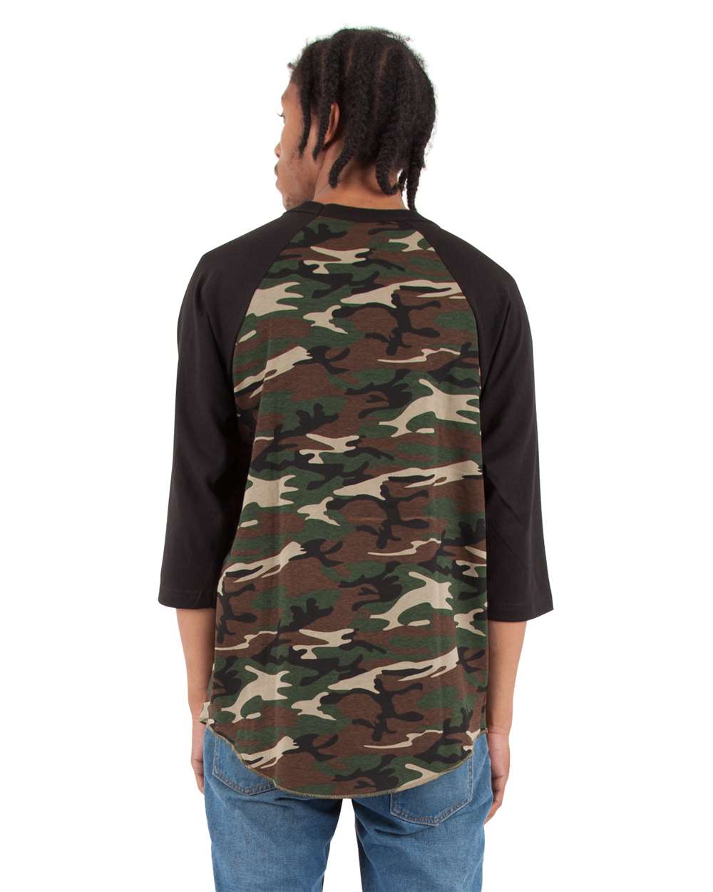 Shaka Wear SHRAGCM - Unisex Camo Raglan Tee - Camo Green/ Black