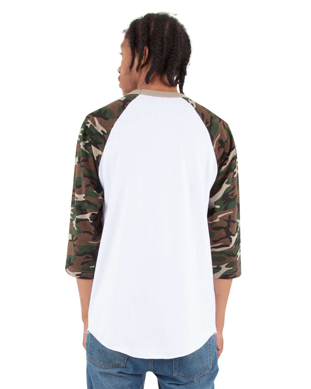 Shaka Wear SHRAGCM - Unisex Camo Raglan Tee - White/ Camo Green