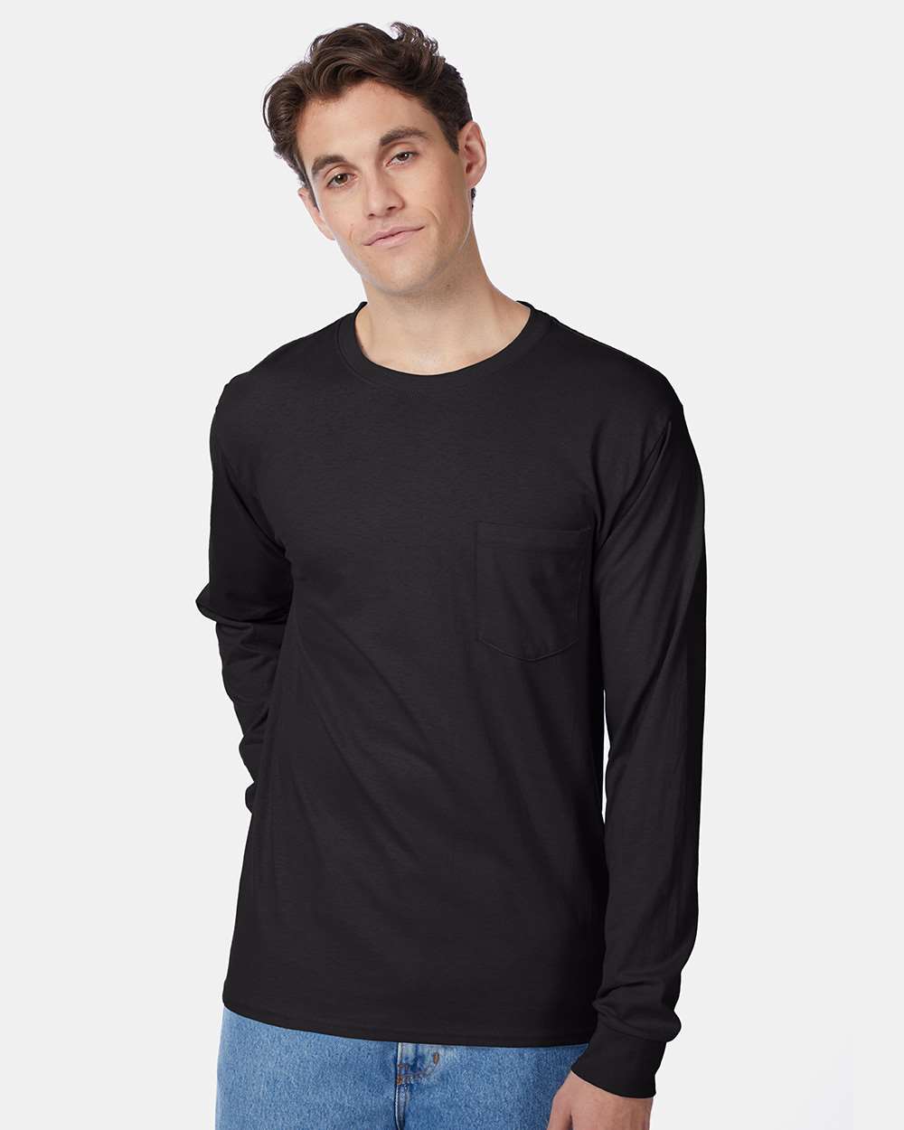 Hanes 5596 - Men's Authentic Long Sleeve Pocket T-Shirt — Black