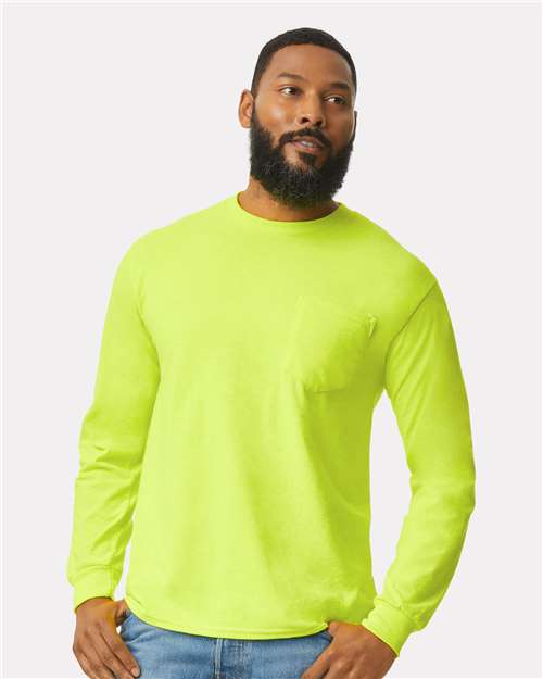 Gildan 2410 - Unisex Ultra Cotton Long Sleeve Pocket T-Shirt - Safety Green