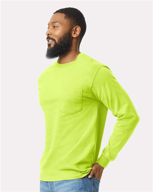 Gildan 2410 - Unisex Ultra Cotton Long Sleeve Pocket T-Shirt - Safety Green