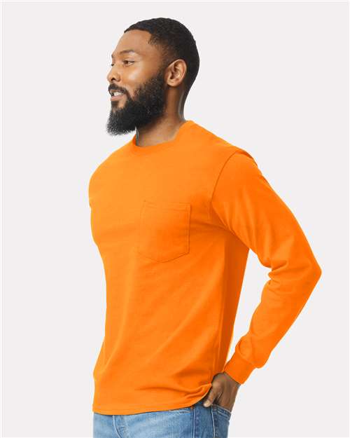 Gildan 2410 - Unisex Ultra Cotton Long Sleeve Pocket T-Shirt - Safety Orange