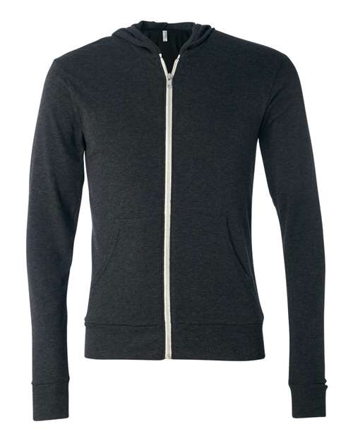 BELLA + CANVAS 3939 — Unisex Triblend Lightweight Full-Zip Hooded Long Sleeve Tee - Charcoal Black Triblend