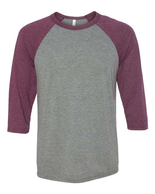 BELLA + CANVAS 3200 - Unisex Three-Quarter Sleeve Baseball Tee - Grey/ Maroon Triblend