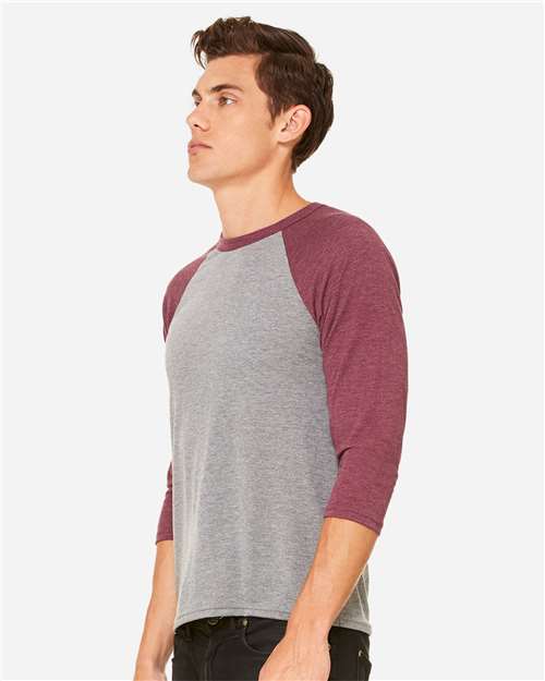 BELLA + CANVAS 3200 - Unisex Three-Quarter Sleeve Baseball Tee - Grey/ Maroon Triblend