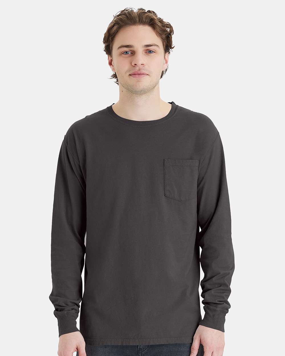 ComfortWash by Hanes GDH250 - Unisex Garment-Dyed Long Sleeve T-Shirt With a Pocket — New Railroad Grey