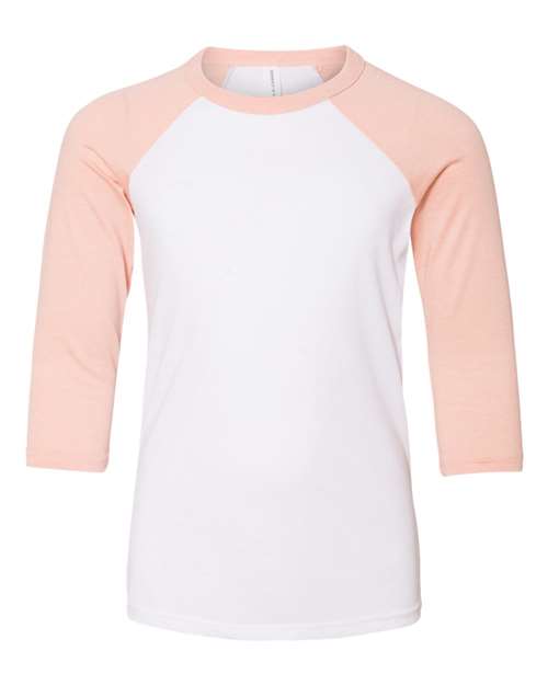 BELLA + CANVAS 3200Y - Youth Three-Quarter Sleeve Baseball Tee - White/ Heather Peach