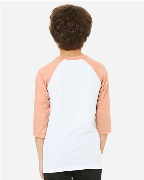 BELLA + CANVAS 3200Y - Youth Three-Quarter Sleeve Baseball Tee - White/ Heather Peach