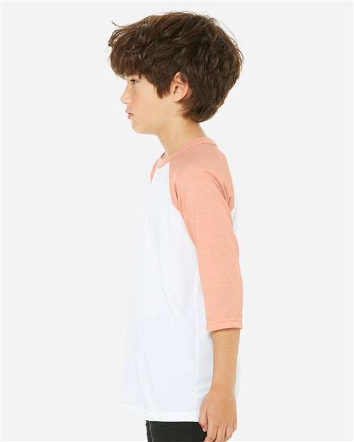 BELLA + CANVAS 3200Y - Youth Three-Quarter Sleeve Baseball Tee - White/ Heather Peach