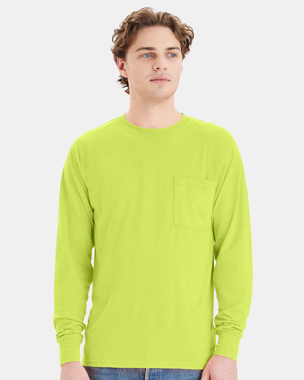 Hanes W120 - Unisex Workwear Long Sleeve Pocket T-Shirt — Safety Green