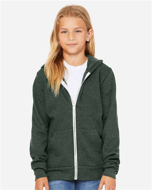 BELLA + CANVAS 3739Y - Youth Sponge Fleece Full-Zip Hoodie Sweatshirt - Heather Forest