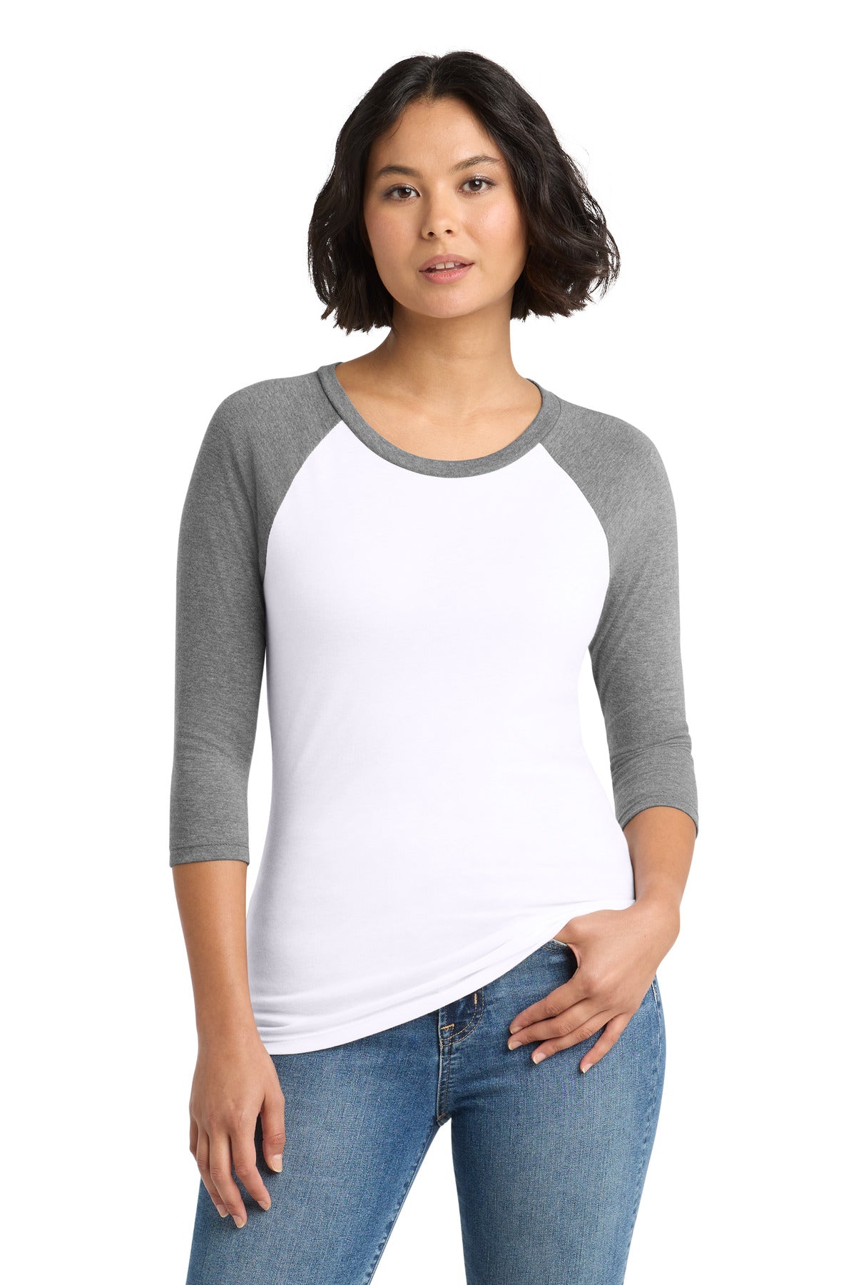 District Women's Perfect Tri 3/4-Sleeve Raglan - DM136L Grey Frost/ White