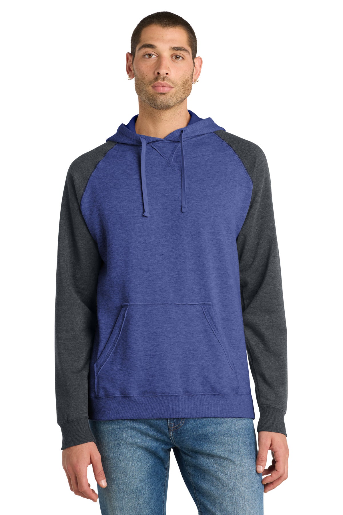 District Young Mens Lightweight Fleece Raglan Hoodie - DT196 Heathered Deep Royal/ Heathered Charcoal