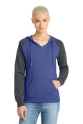 District Women's Lightweight Fleece Raglan Hoodie - DT296 Heathered Deep Royal/ Heathered Charcoal