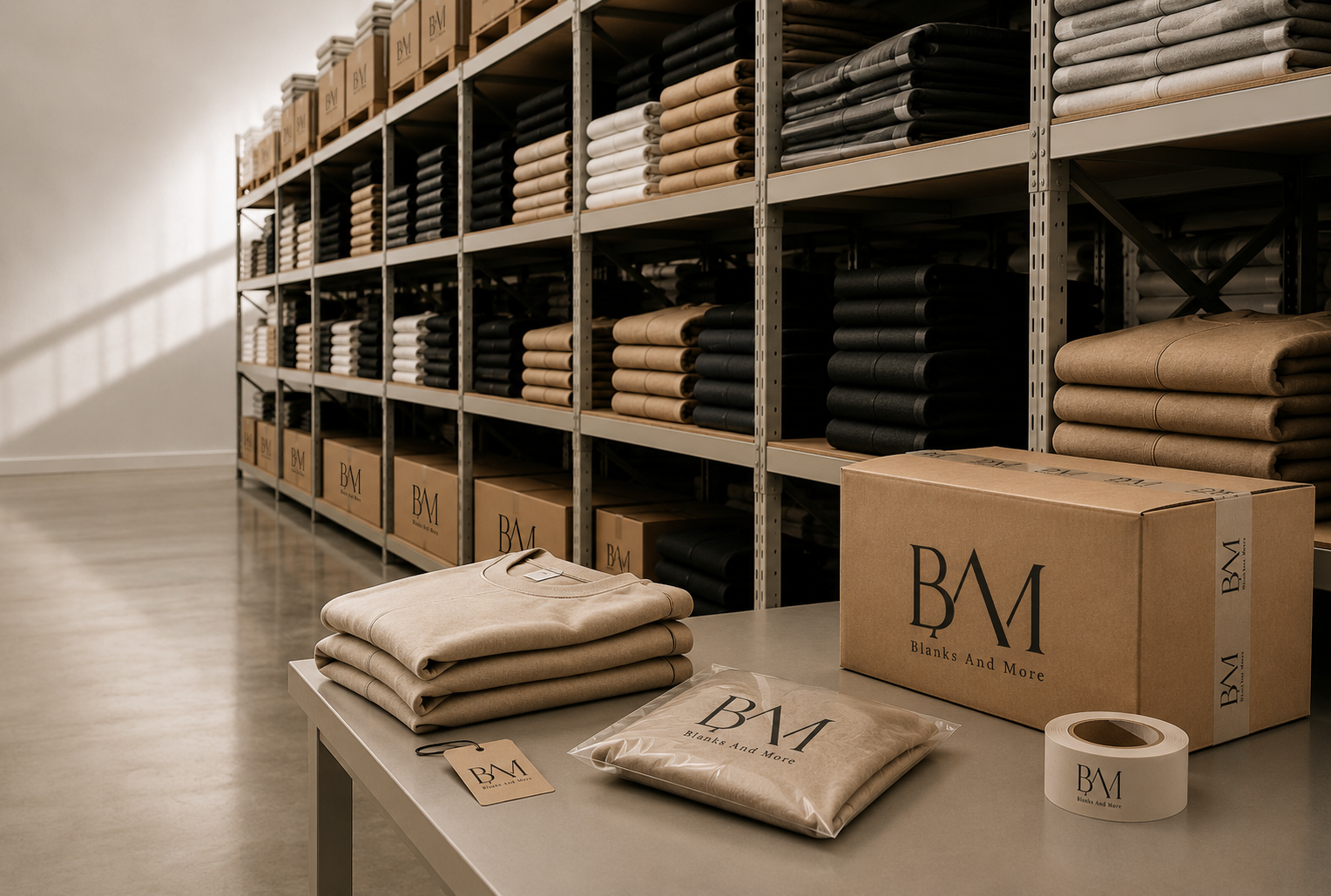 BAM branded packaging and folded blank apparel in the Blanks And More warehouse